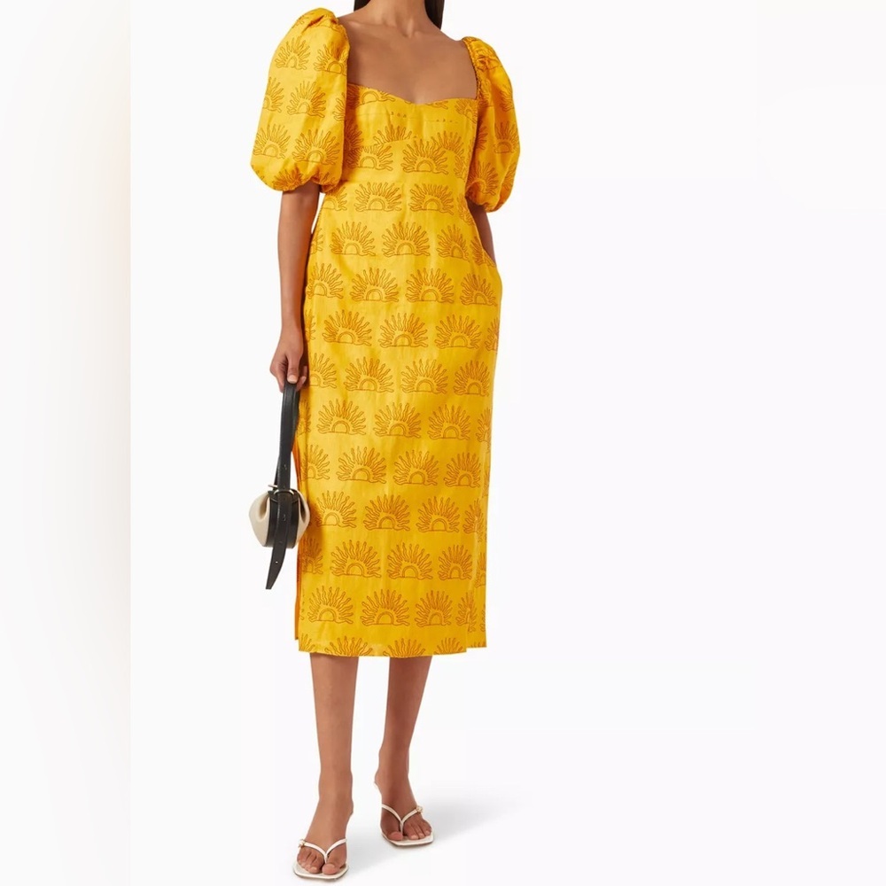 Cala De La Cruz Uti Midi Dress 100% Linen Puff Sleeves Pocket Size S